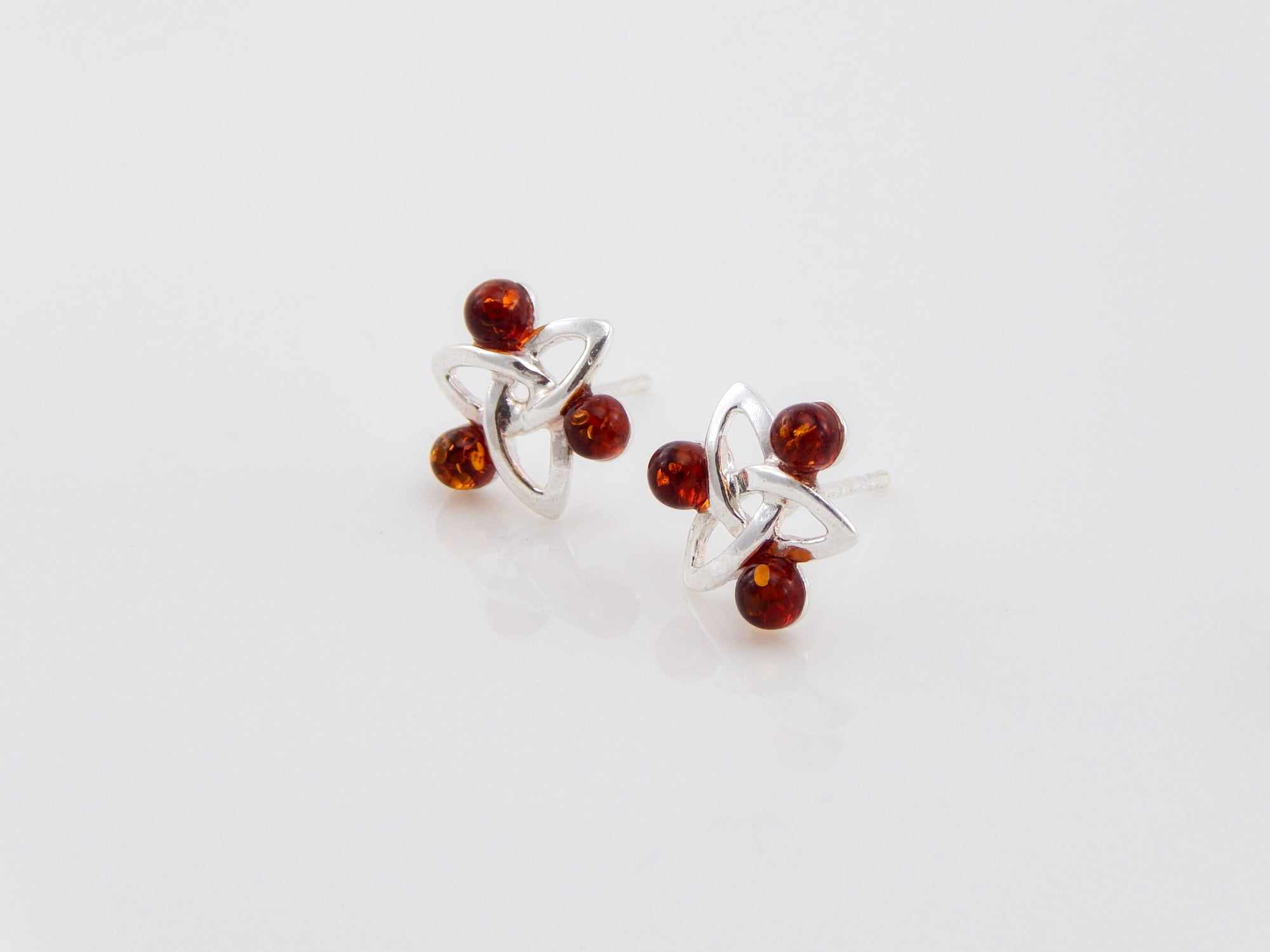 Natural Baltic Cognac Amber Trinity Knot Earrings in 925 Silver