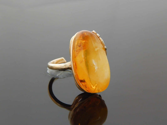 Natural Baltic Honey Amber 14K Gold Plated Daisy Adjustable Ring