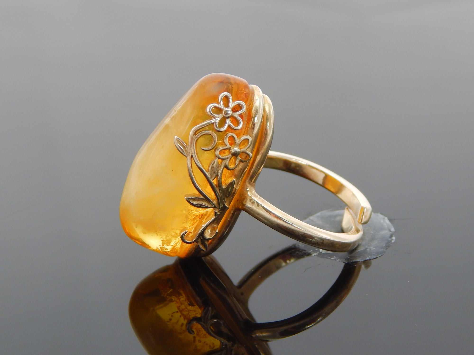 Natural Baltic Honey Amber 14K Gold Plated Daisy Adjustable Ring