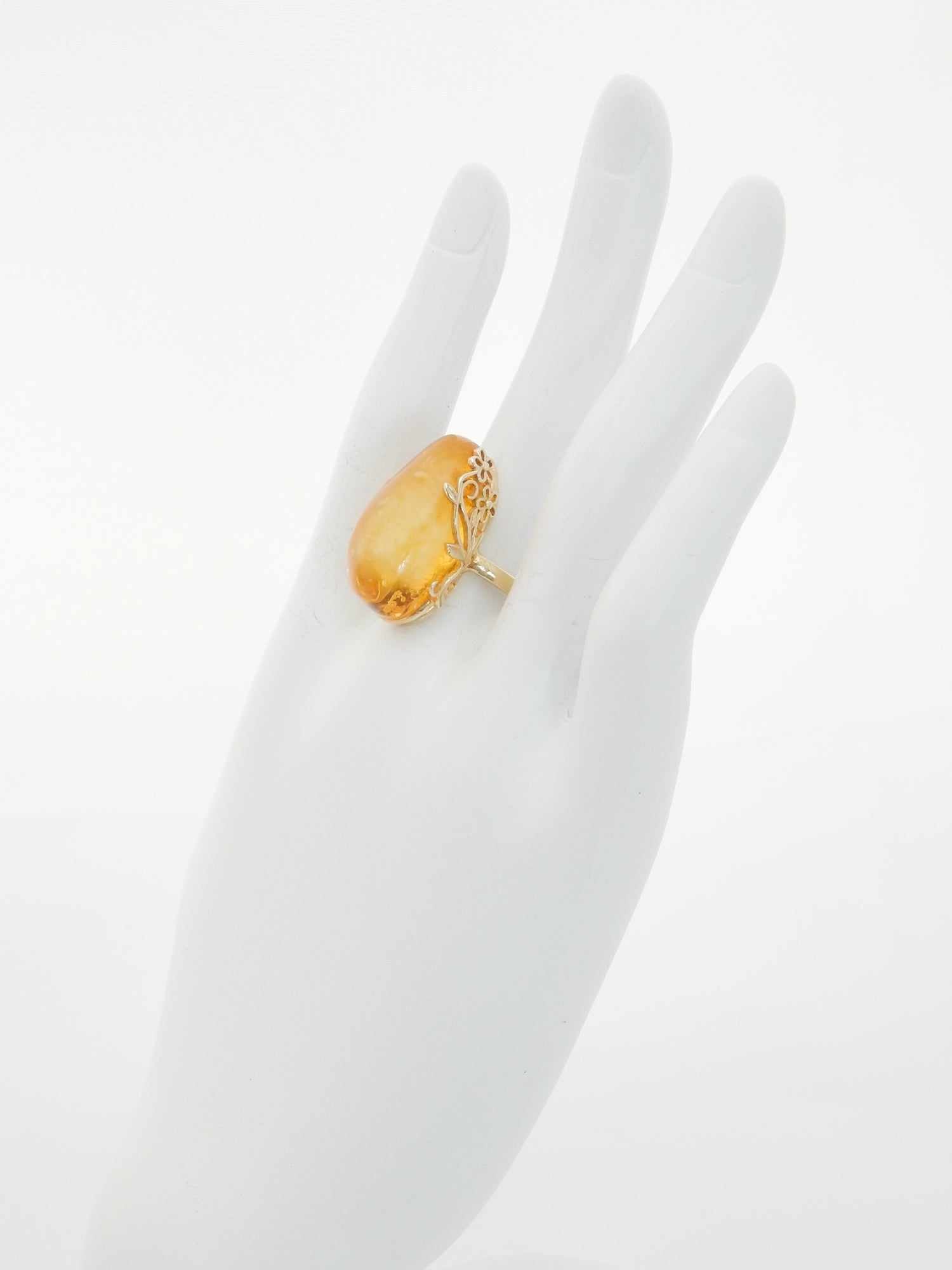 Natural Baltic Honey Amber 14K Gold Plated Daisy Adjustable Ring