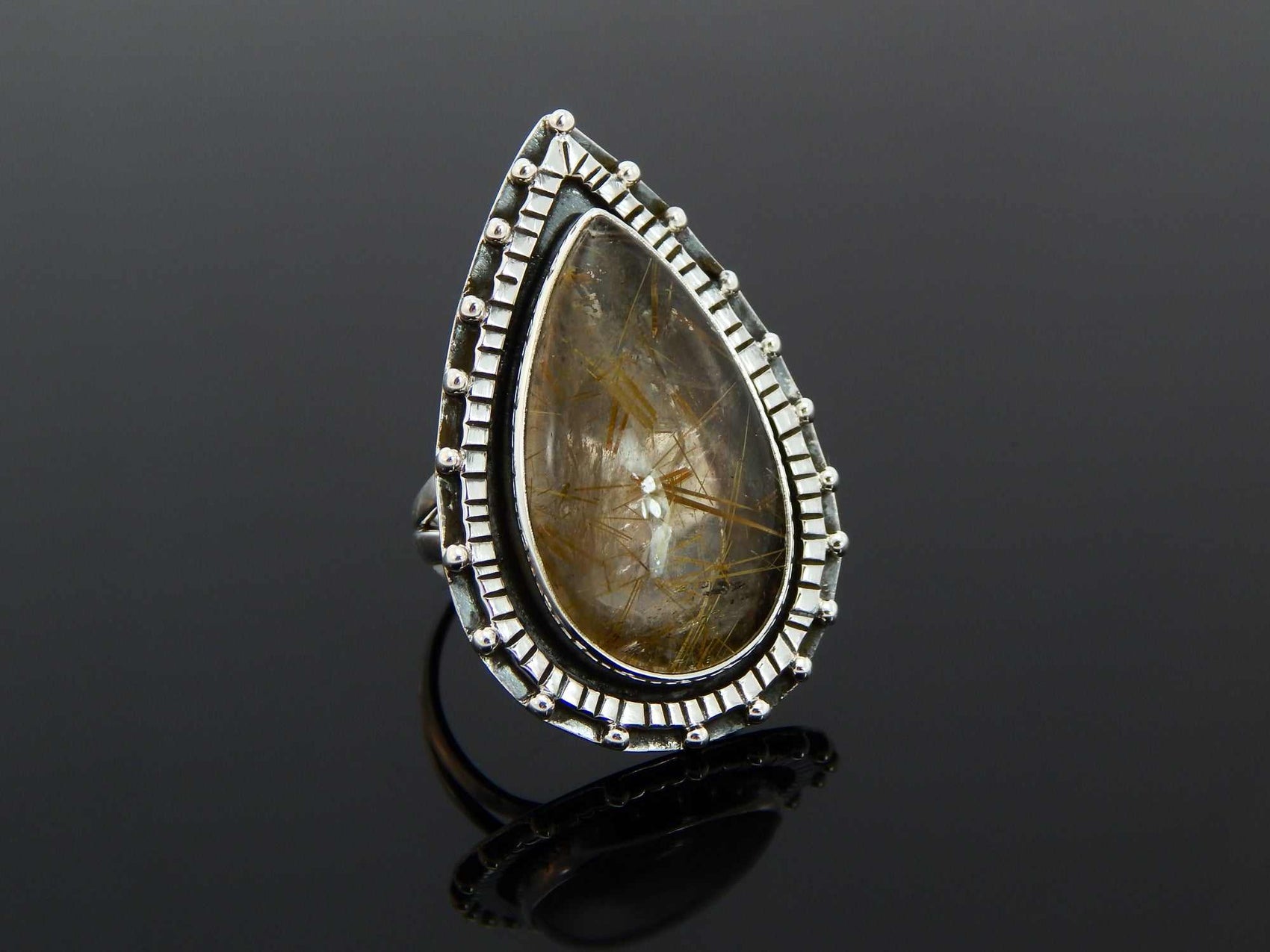 Genuine Gold Rutile Pear Cut Boho Ring in 925 Stelring Silver