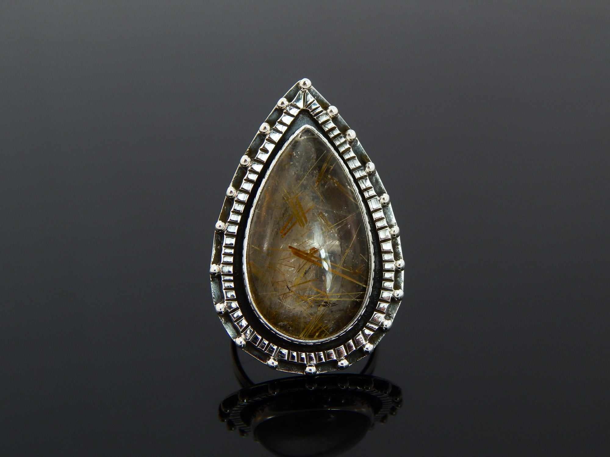 Genuine Gold Rutile Pear Cut Boho Ring in 925 Stelring Silver