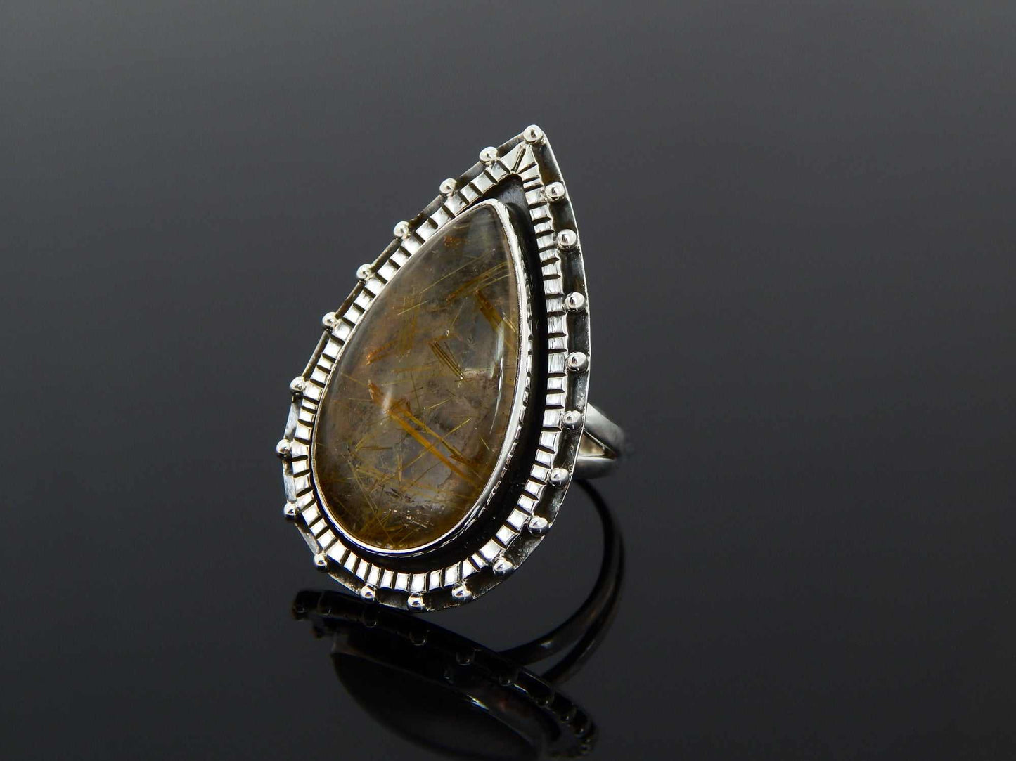 Genuine Gold Rutile Pear Cut Boho Ring in 925 Stelring Silver