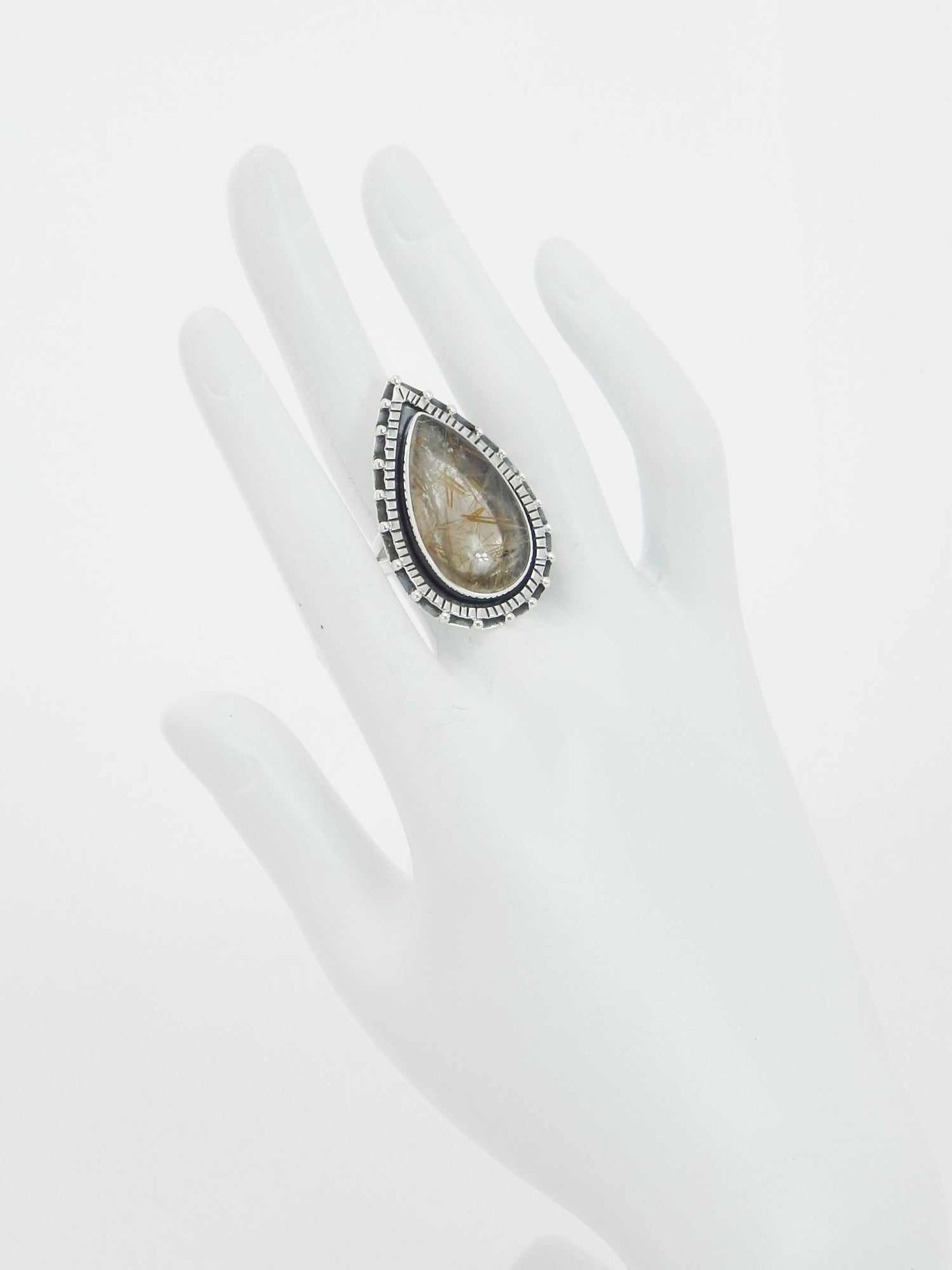 Genuine Gold Rutile Pear Cut Boho Ring in 925 Stelring Silver