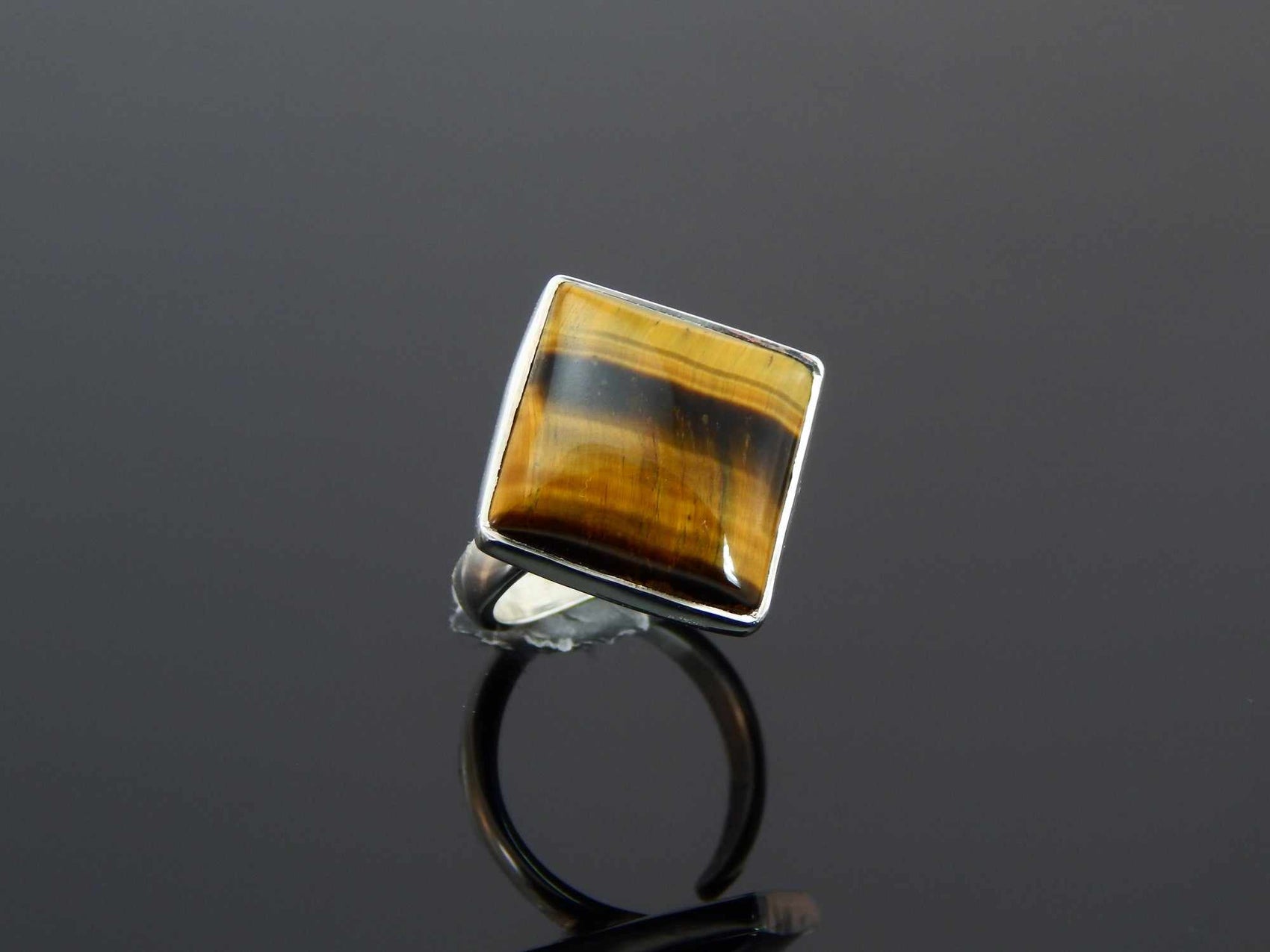 Genuine Square Cut Tigers Eye Adjustable Ring in 925 Sterling Silver