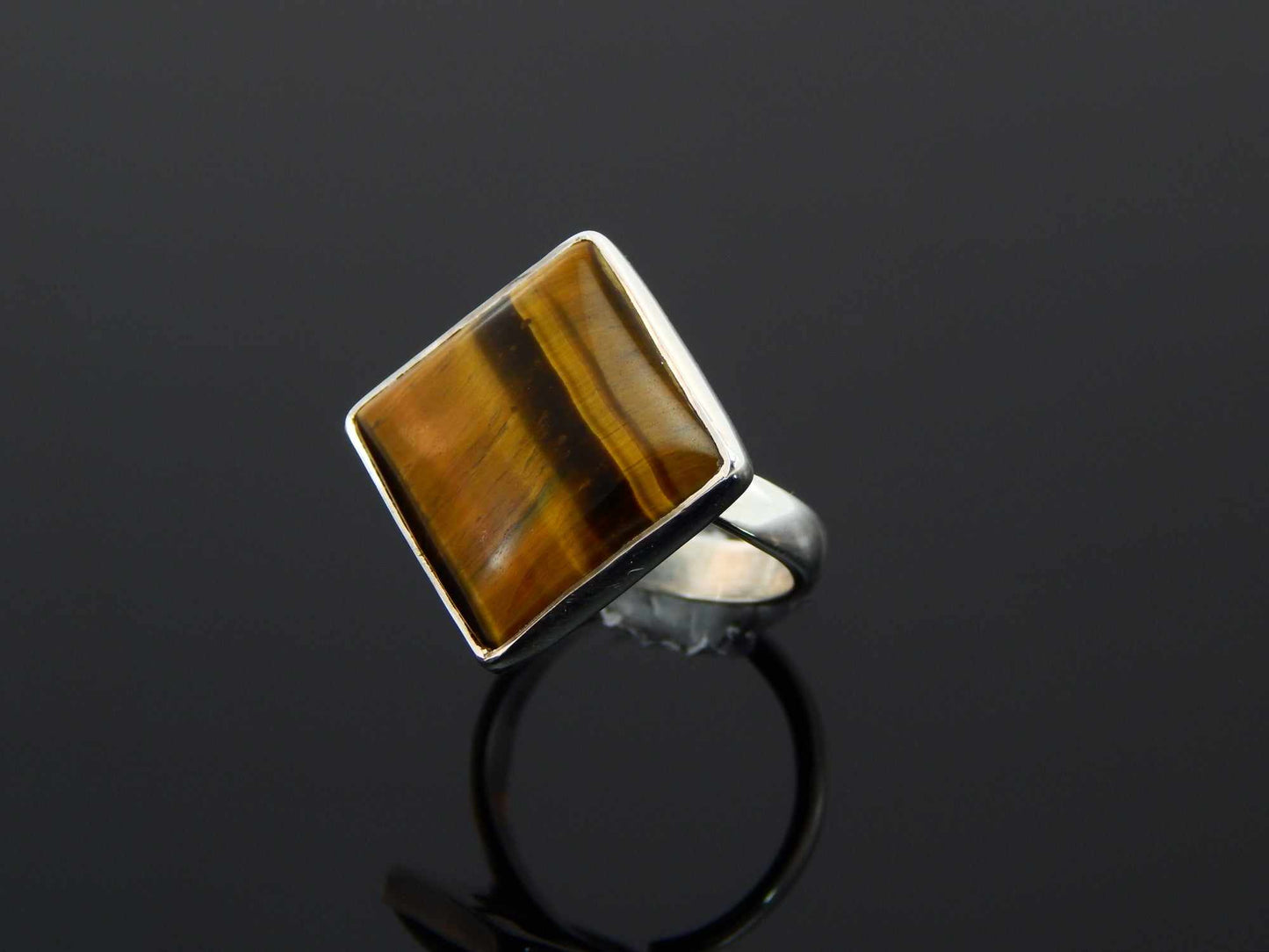 Genuine Square Cut Tigers Eye Adjustable Ring in 925 Sterling Silver