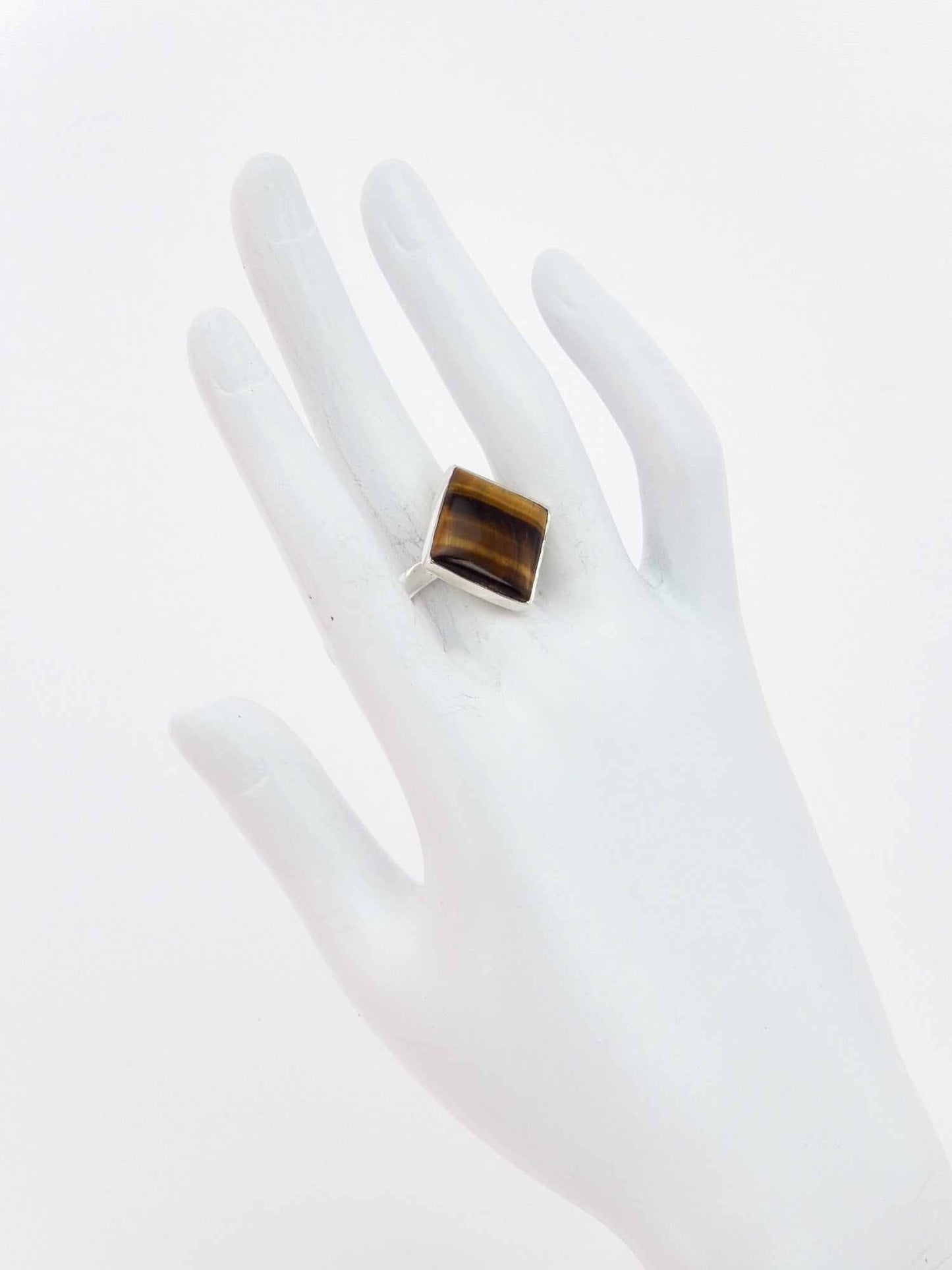 Genuine Square Cut Tigers Eye Adjustable Ring in 925 Sterling Silver