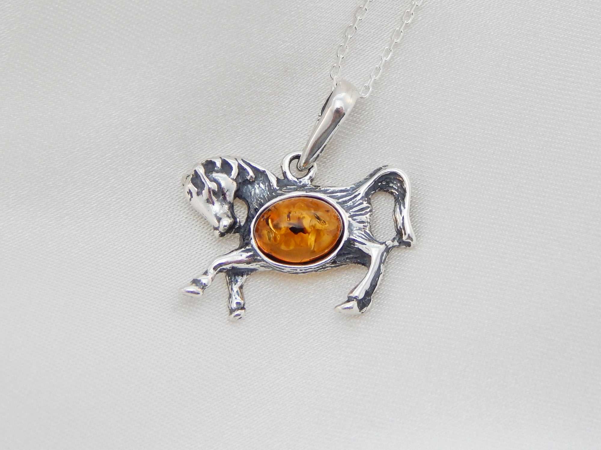 Natural Baltic Cognac Amber Stallion Pendant Necklace