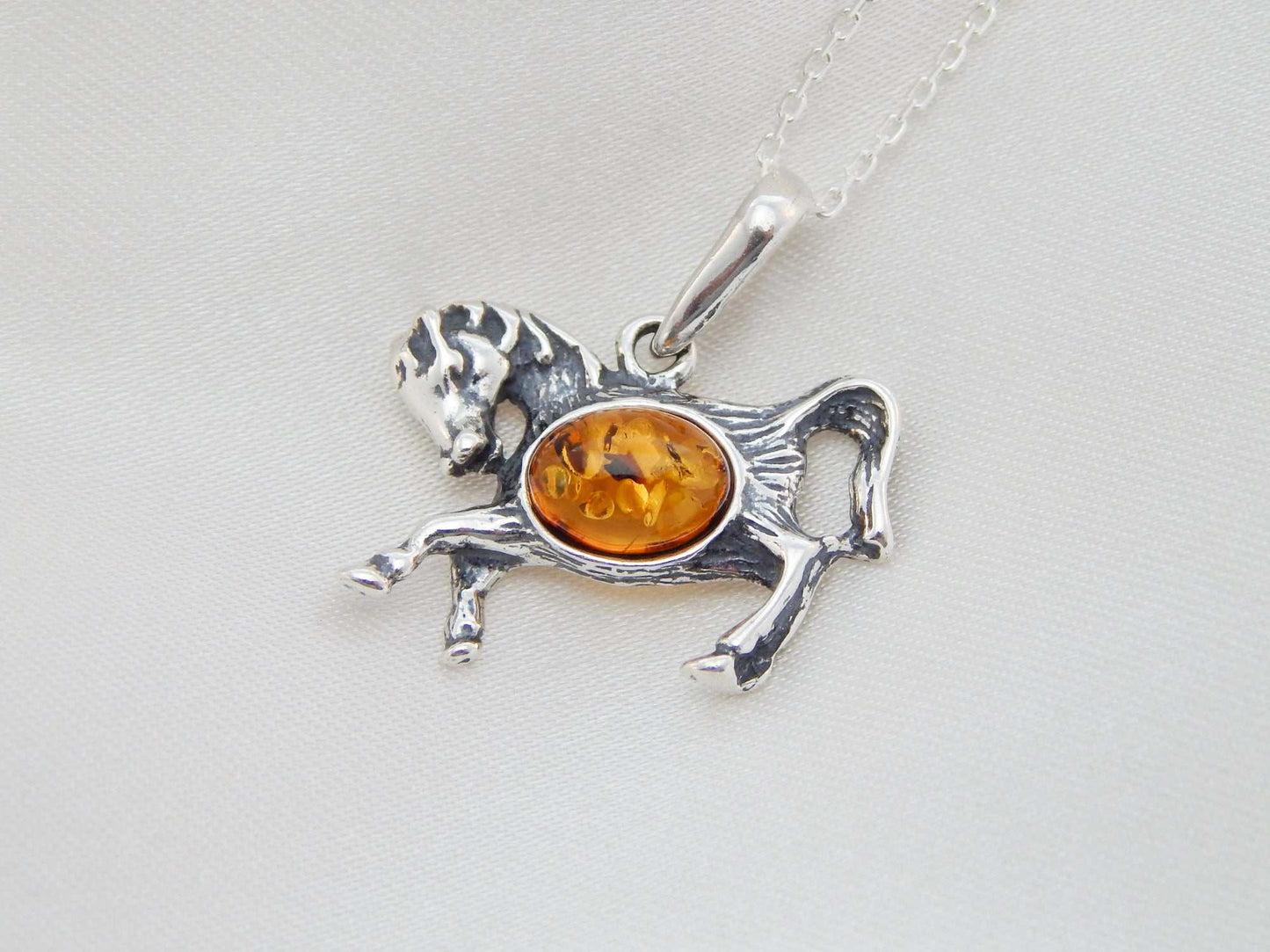 Natural Baltic Cognac Amber Stallion Pendant Necklace