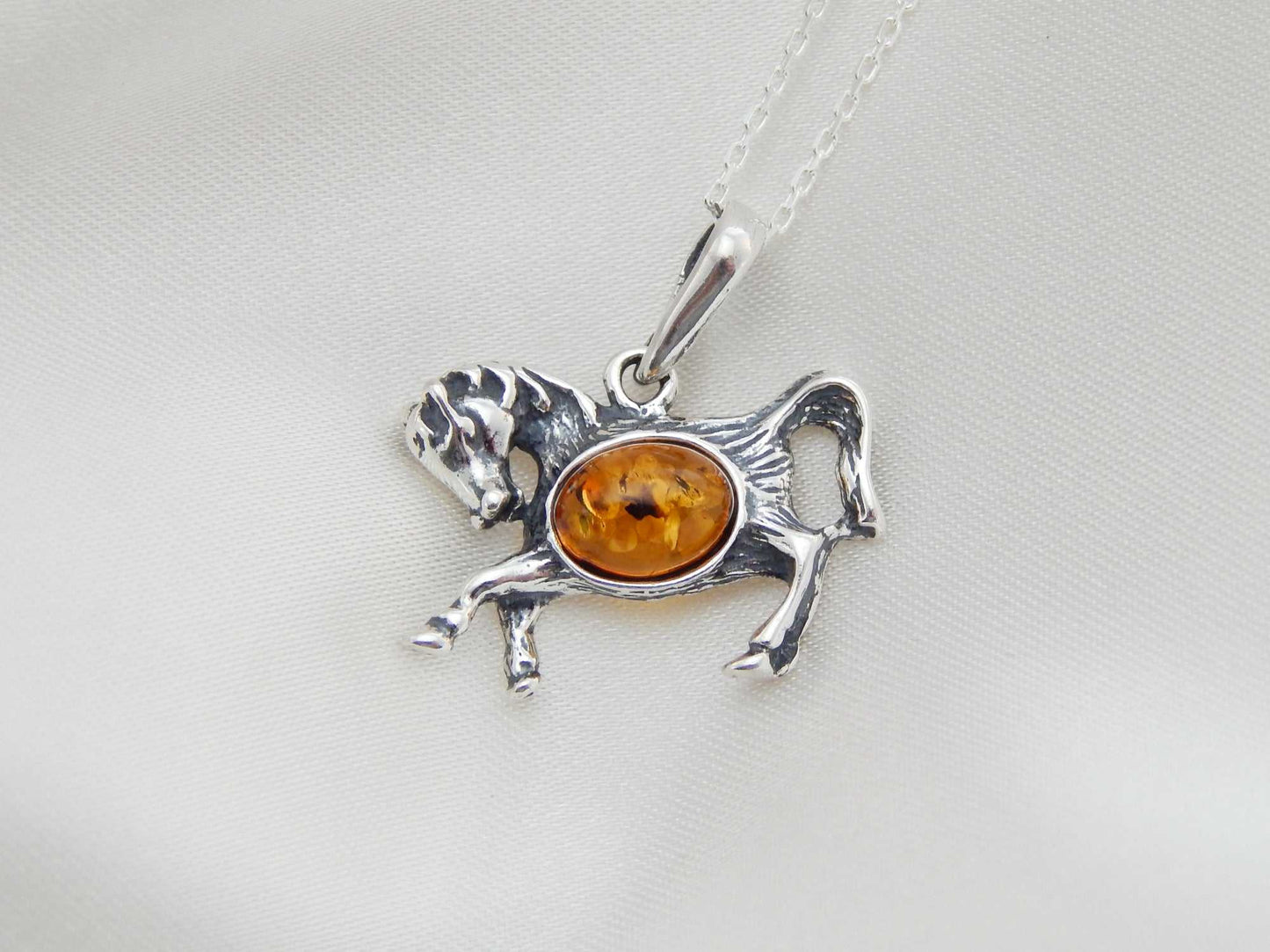 Natural Baltic Cognac Amber Stallion Pendant Necklace