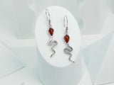 Natural Baltic Cognac Amber Snake Earrings in 925 Silver