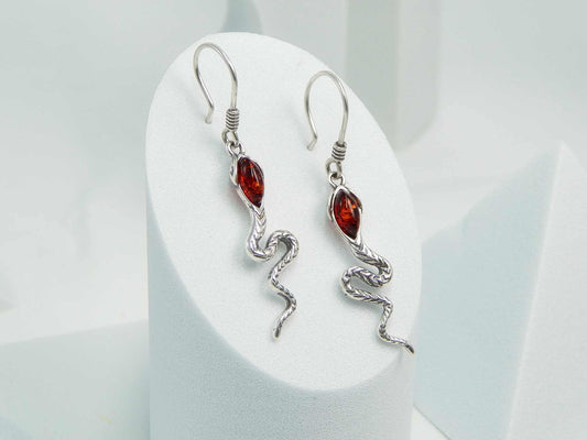 Natural Baltic Cognac Amber Snake Earrings in 925 Silver