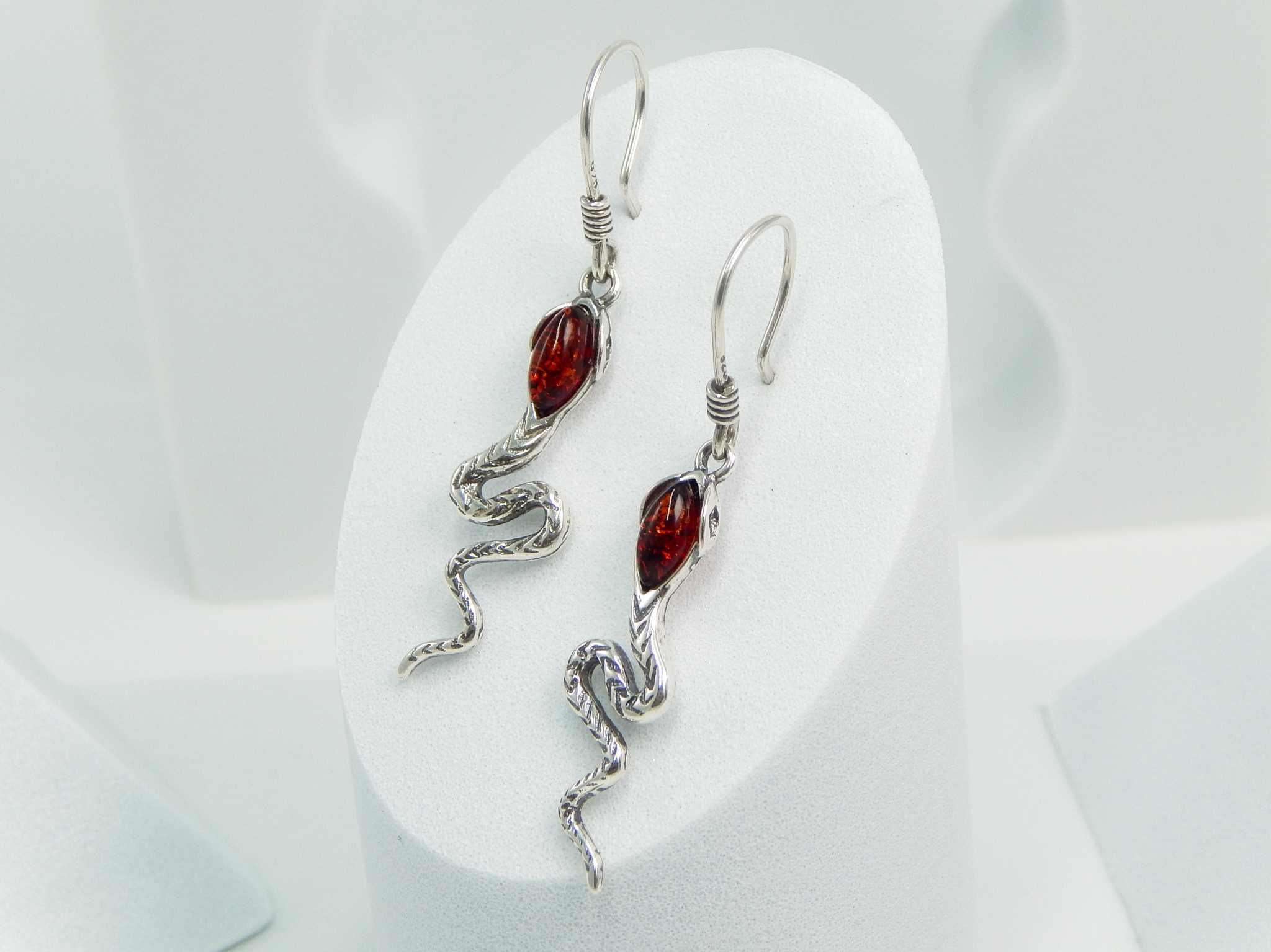 Natural Baltic Cognac Amber Snake Earrings in 925 Silver