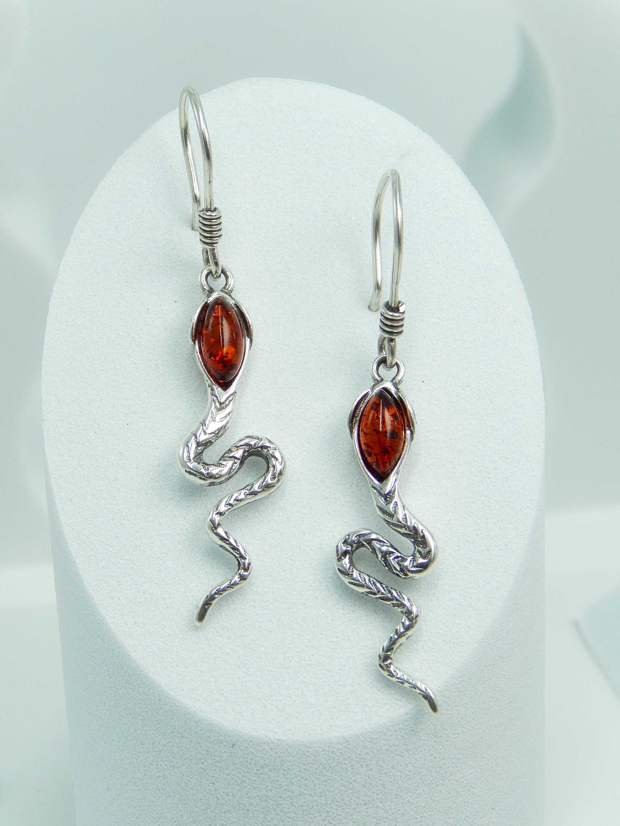 Natural Baltic Cognac Amber Snake Earrings in 925 Silver