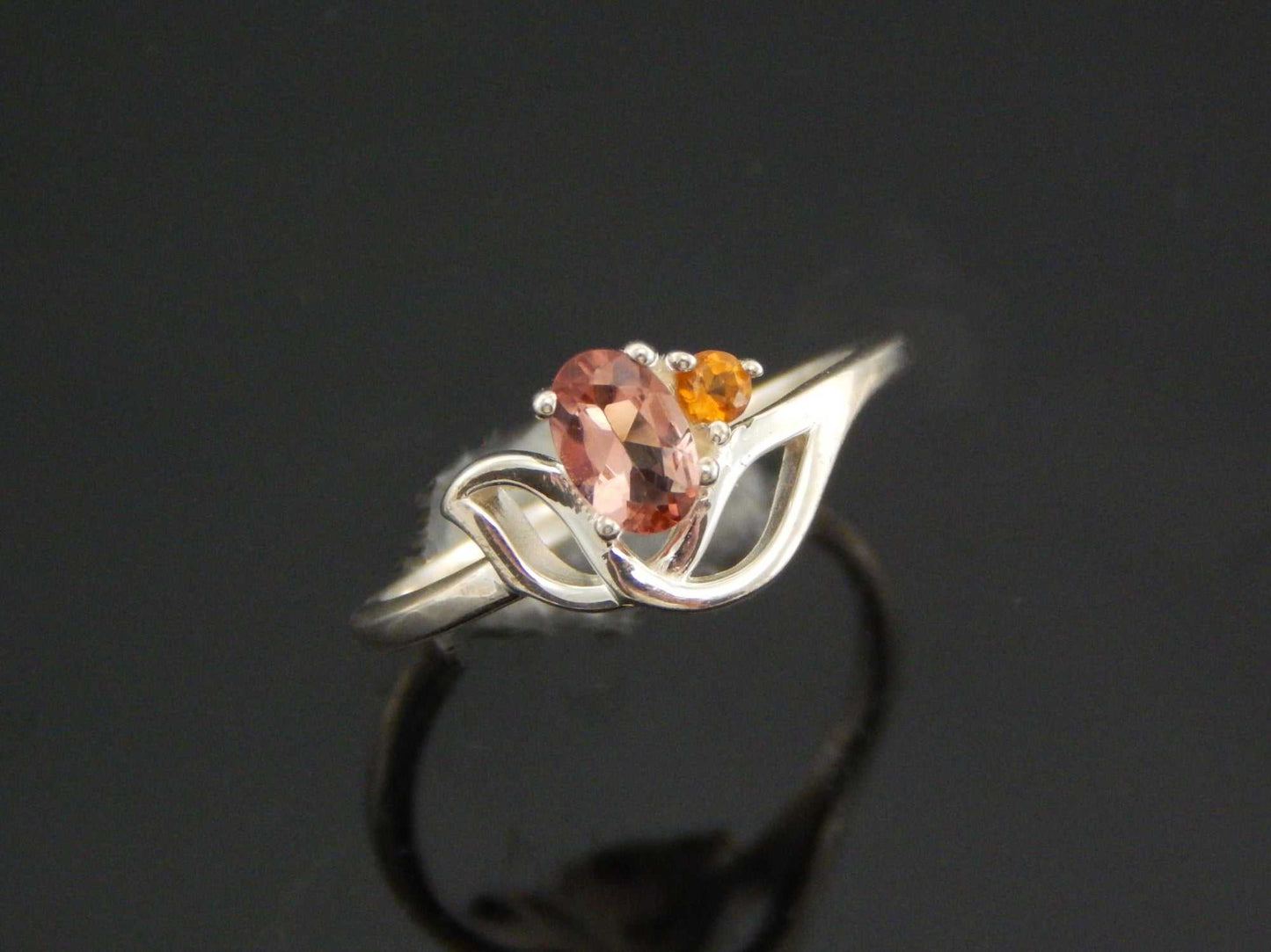 Genuine pink and orange tourmaline flower ring in 925 silver.