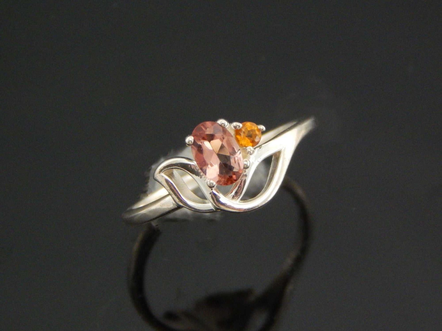Genuine pink and orange tourmaline flower ring in 925 silver.