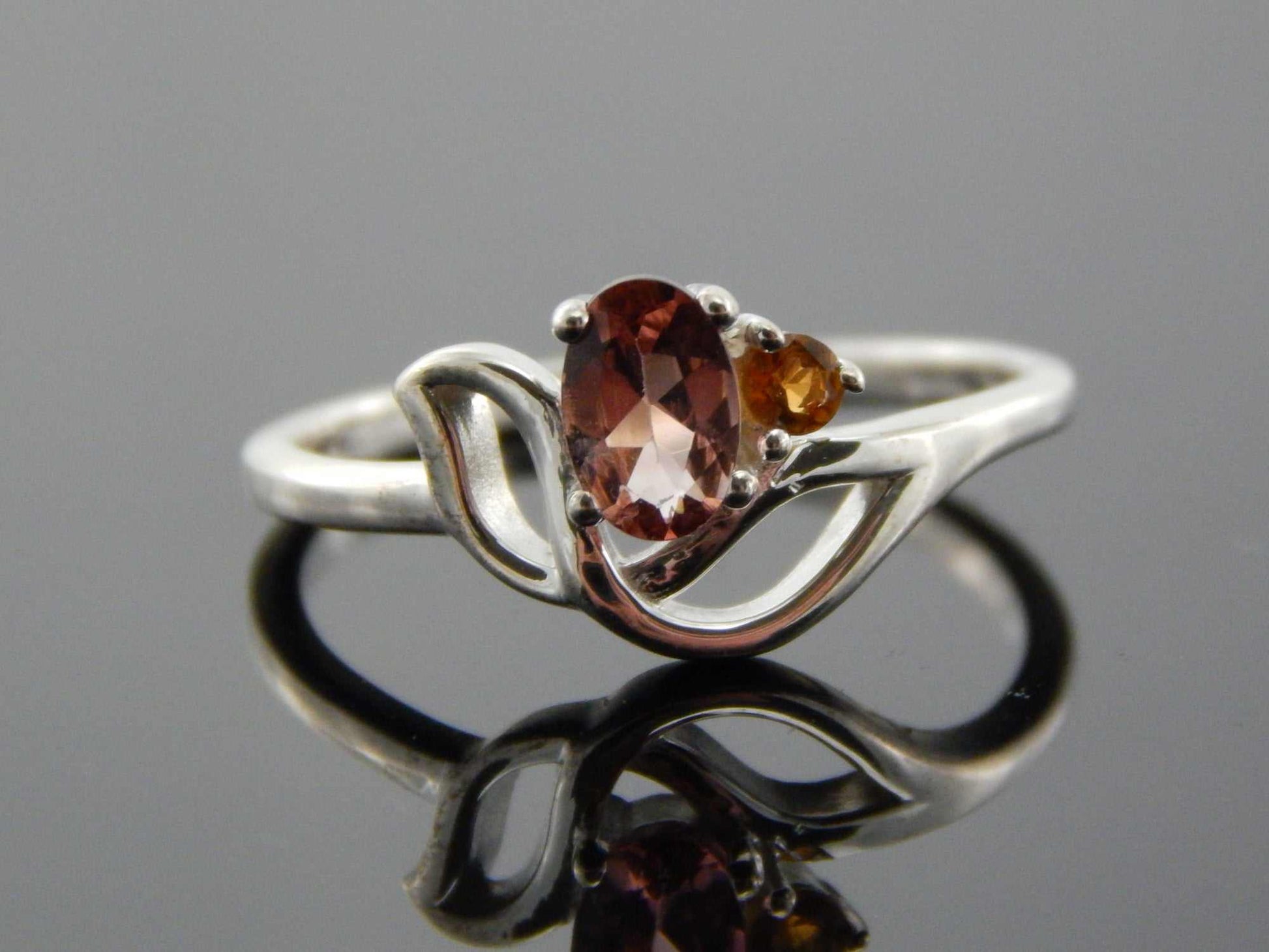 Genuine pink and orange tourmaline flower ring in 925 silver, size 7.