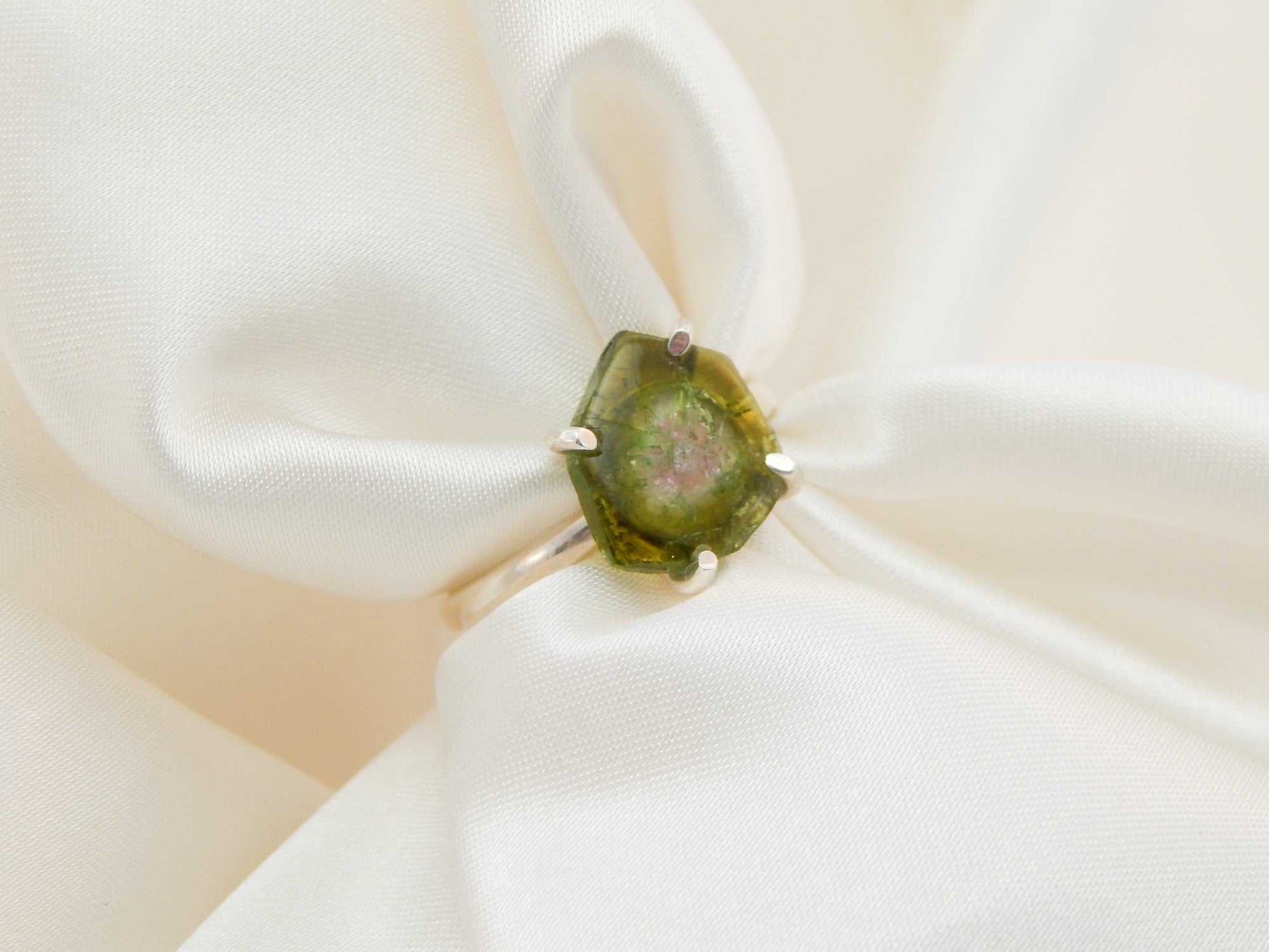 Genuine rough cut watermelon tourmaline ring in 925 sterling silver.