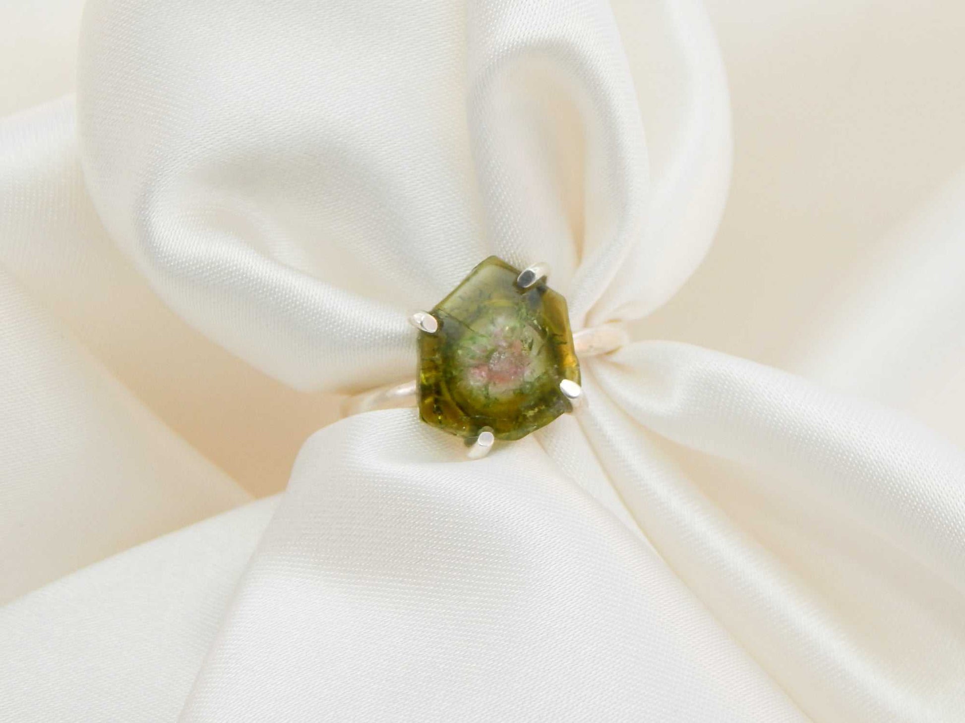 Genuine rough cut watermelon tourmaline ring in 925 sterling silver, hexagonal gemstone, boho chic accessory.