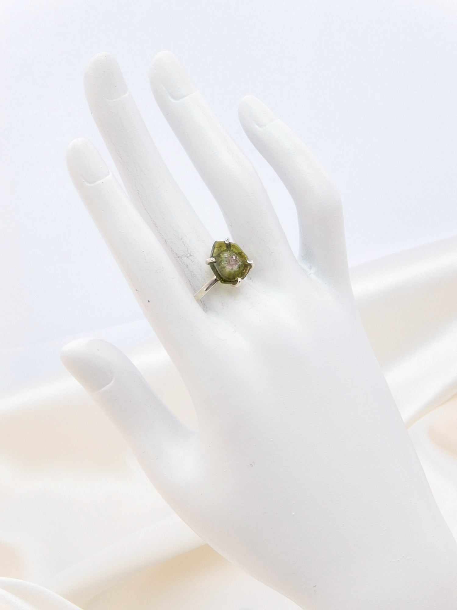 Genuine rough cut watermelon tourmaline ring set in 925 sterling silver.
