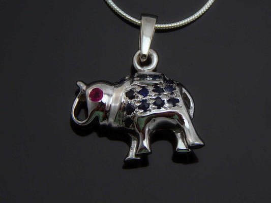 Genuine Ruby and Sapphire Happy Elephant Necklace in sterling silver.
