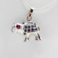 Genuine ruby and sapphire happy elephant necklace in 925 sterling silver.