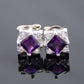 Cushion cut purple amethyst stud earrings in 925 sterling silver with cubic zirconia accents.